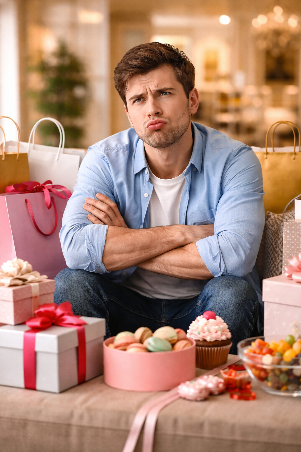 una escena simbólica con objetos (regalos, dulces, compras, gesto de enfado)