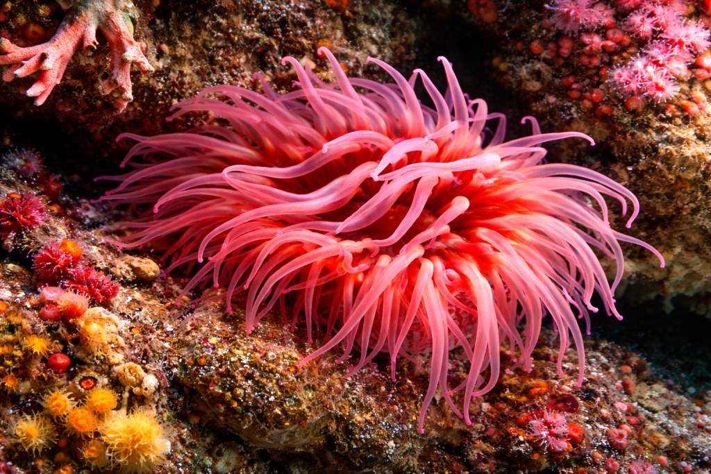 Anémona de mar sobre arrecife colorido