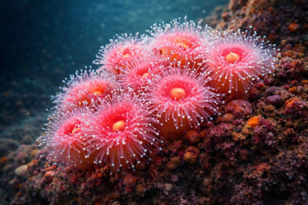 Anémona joya (Corynactis viridis) en roca submarina con tentáculos rosados y puntas blancas en detalle macro