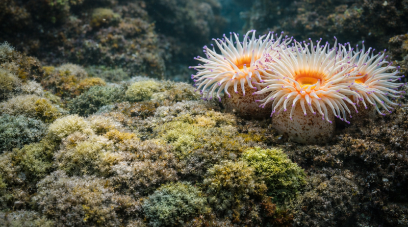 Tres anémonas marinas sobre roca con algas verdes y musgo marino en fondo submarino poco profundo de aguas costeras