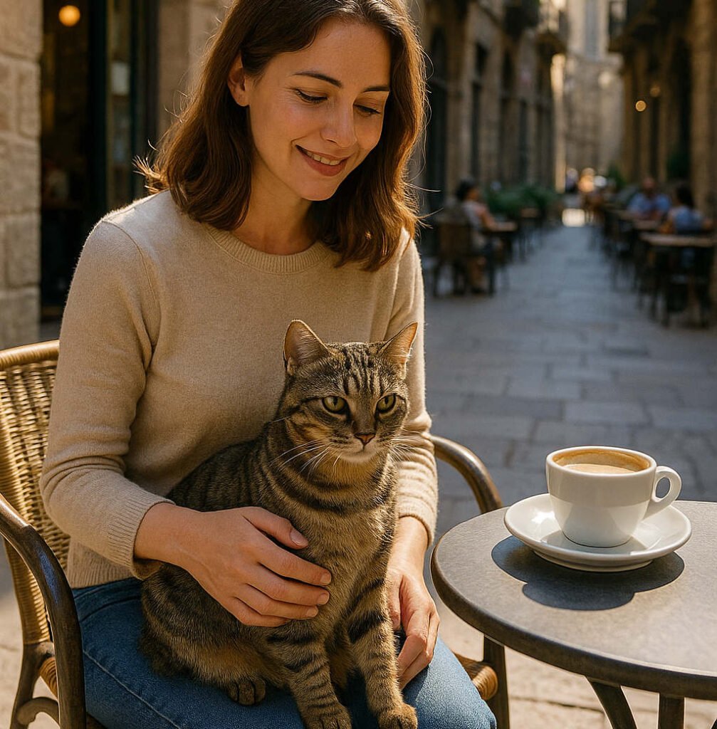 Una mujer feliz se sienta en una mesa de café al aire libre, con un gato atigrado en su regazo, mientras ambos disfrutan de la tarde de vacaciones en una pintoresca calle de España