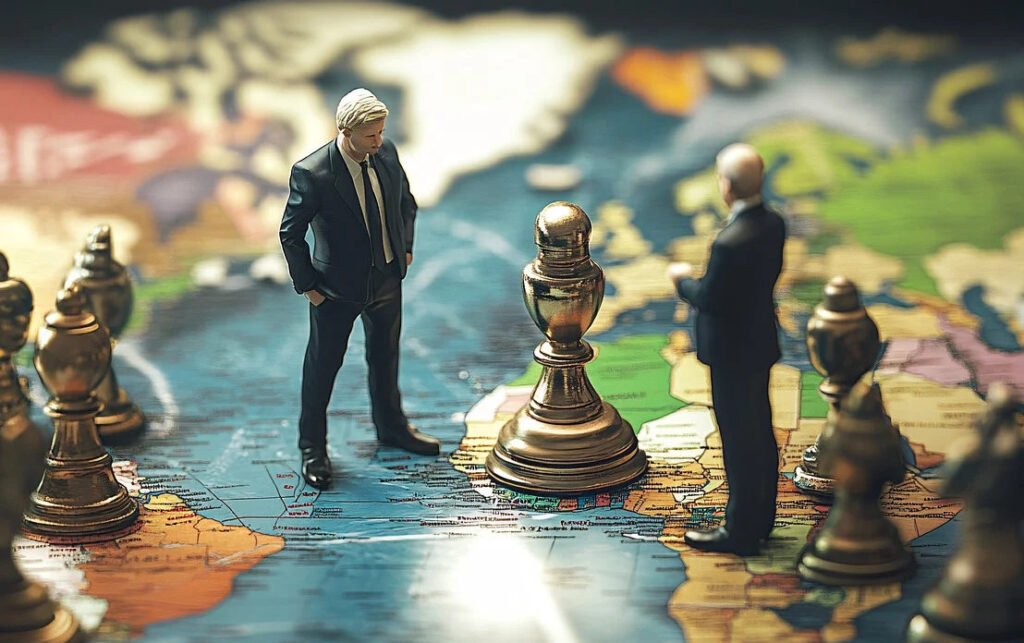 Dos hombres, simulando mandatarios, representando a EE. UU. y China enfrentados sobre un tablero de ajedrez con el planeta de fondo, simbolizando la estrategia y rivalidad global