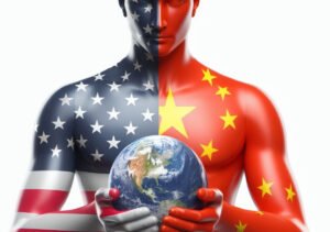 Hombre con medio cuerpo pintado de la bandera de Estados Unidos y medio de China sosteniendo el planeta Tierra, simbolizando el pulso geopolítico y el nuevo orden mundial
