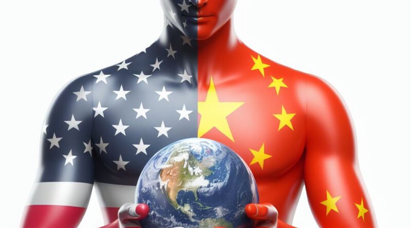 Hombre con medio cuerpo pintado de la bandera de Estados Unidos y medio de China sosteniendo el planeta Tierra, simbolizando el pulso geopolítico y el nuevo orden mundial