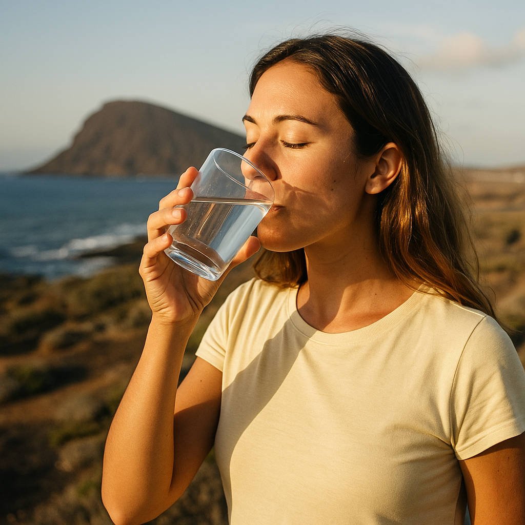 Mujer joven bebiendo un vaso de agua frente al mar con montañas al fondo