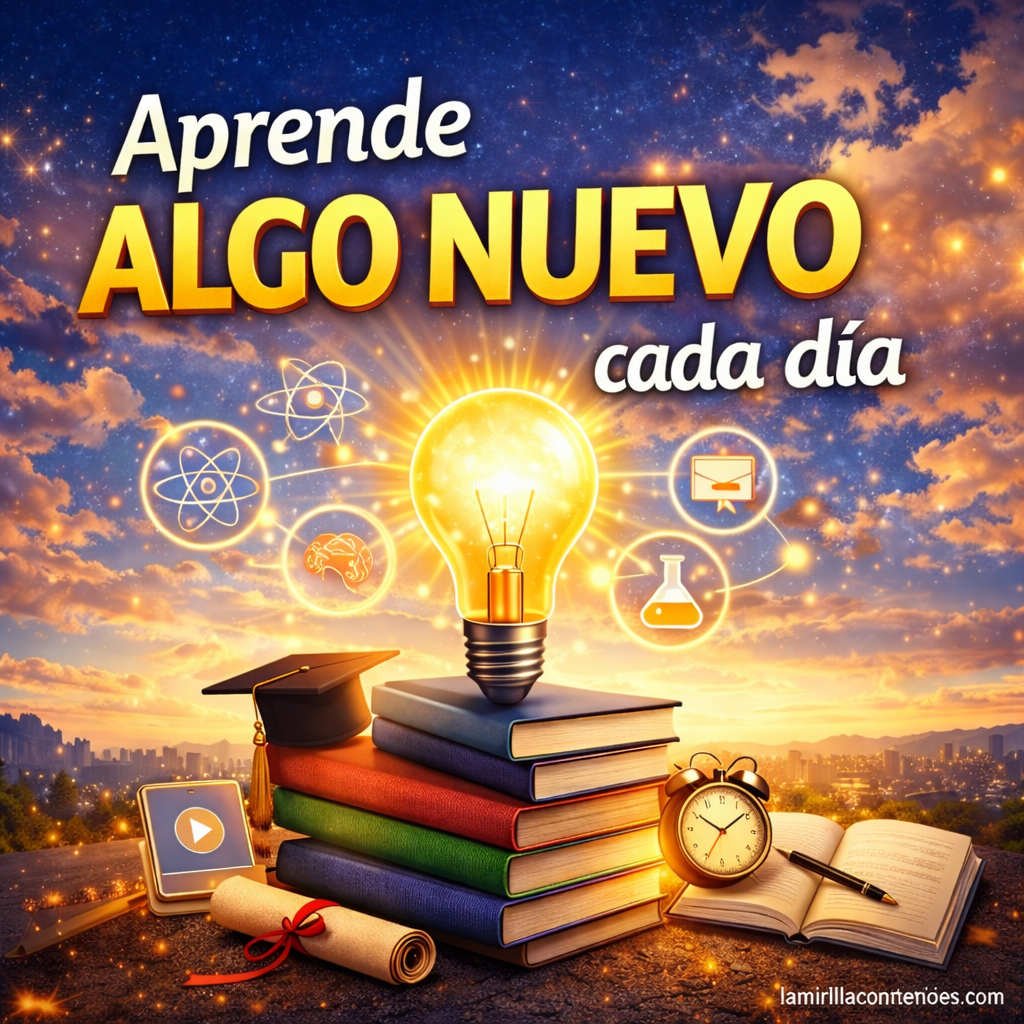 Ilustración motivacional con una bombilla encendida sobre libros y la frase “Aprende algo nuevo cada día”, con el texto lamirillacontenidos.com en una esquina, símbolo de aprendizaje diario y crecimiento personal.
