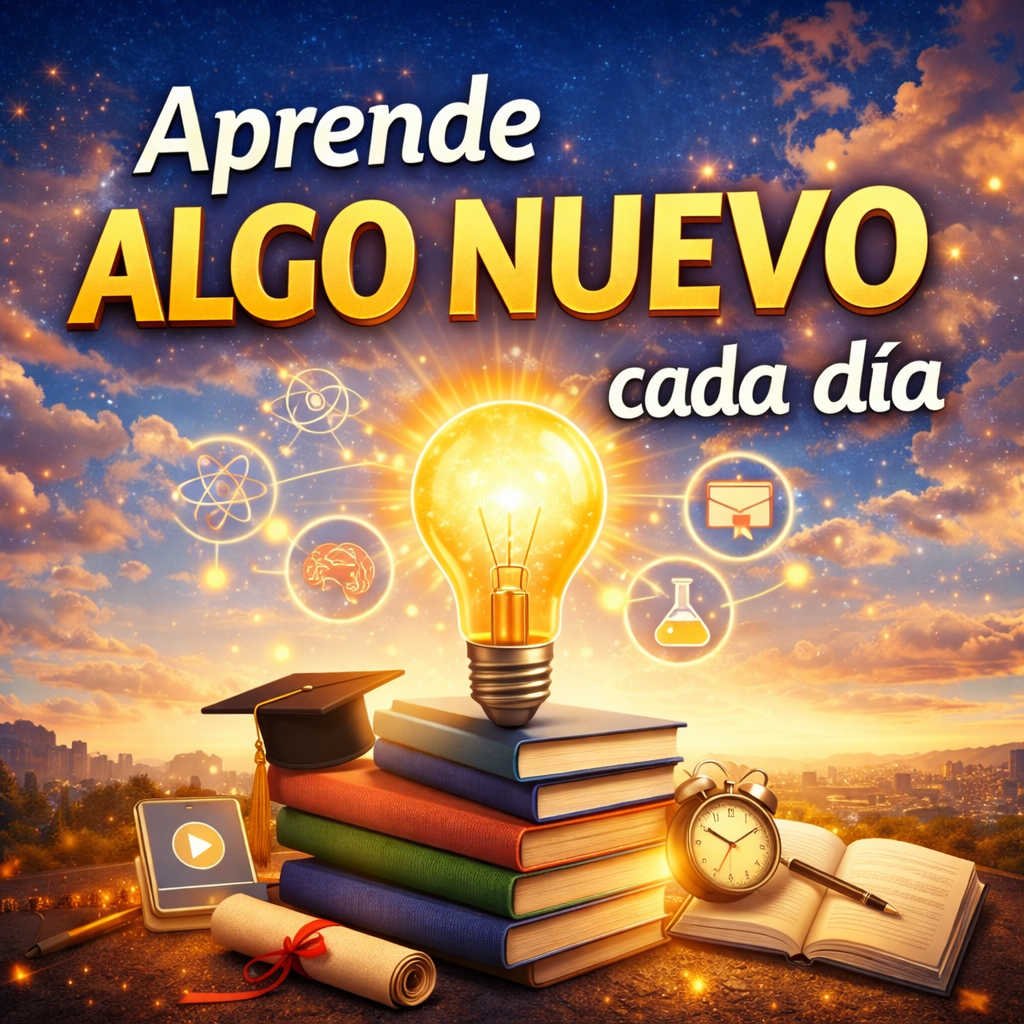 Ilustración motivacional con una bombilla encendida sobre libros, con el texto “Aprende algo nuevo cada día”, símbolo de aprendizaje, conocimiento y crecimiento personal.