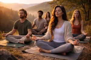 Sesión de meditación en grupo al amanecer, imagen relacionada con el desarrollo personal y el autocuidado
