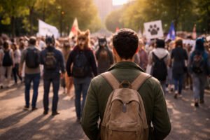 Persona sola mirando una manifestación therian en un parque, con ambiente de reunión comunitaria al atardecer.