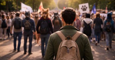 Persona sola mirando una manifestación therian en un parque, con ambiente de reunión comunitaria al atardecer.