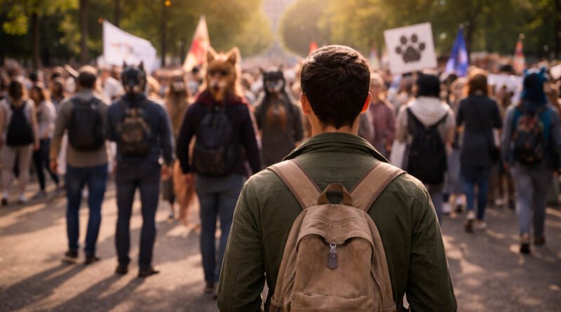 Persona sola mirando una manifestación therian en un parque, con ambiente de reunión comunitaria al atardecer.