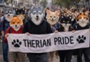 Personas con máscaras de animales participan en una manifestación con una pancarta que dice “Therian Pride” durante una marcha en la ciudad