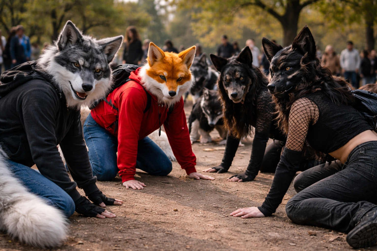 Encuentro de personas con máscaras de animales en un parque urbano, escena vinculada al fenómeno therian que se ha viralizado en redes