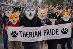 Personas con máscaras de animales participan en una manifestación con una pancarta que dice “Therian Pride” durante una marcha en la ciudad