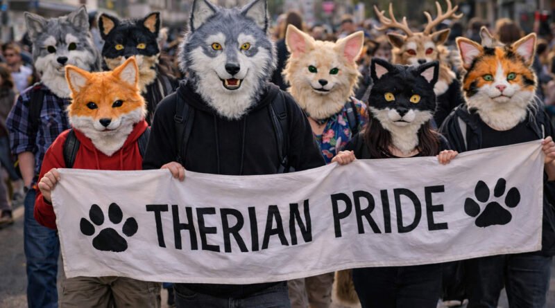 Personas con máscaras de animales participan en una manifestación con una pancarta que dice “Therian Pride” durante una marcha en la ciudad