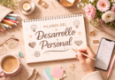 Escritorio creativo con libreta que dice “Desarrollo Personal”, café, flores y notas de colores, representando los pilares del desarrollo personal.