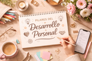 Escritorio creativo con libreta que dice “Desarrollo Personal”, café, flores y notas de colores, representando los pilares del desarrollo personal.