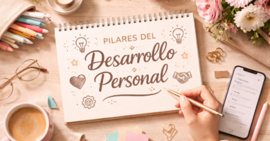 Escritorio creativo con libreta que dice “Desarrollo Personal”, café, flores y notas de colores, representando los pilares del desarrollo personal.