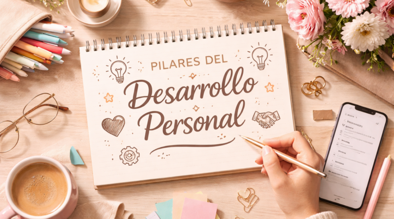 Escritorio creativo con libreta que dice “Desarrollo Personal”, café, flores y notas de colores, representando los pilares del desarrollo personal.