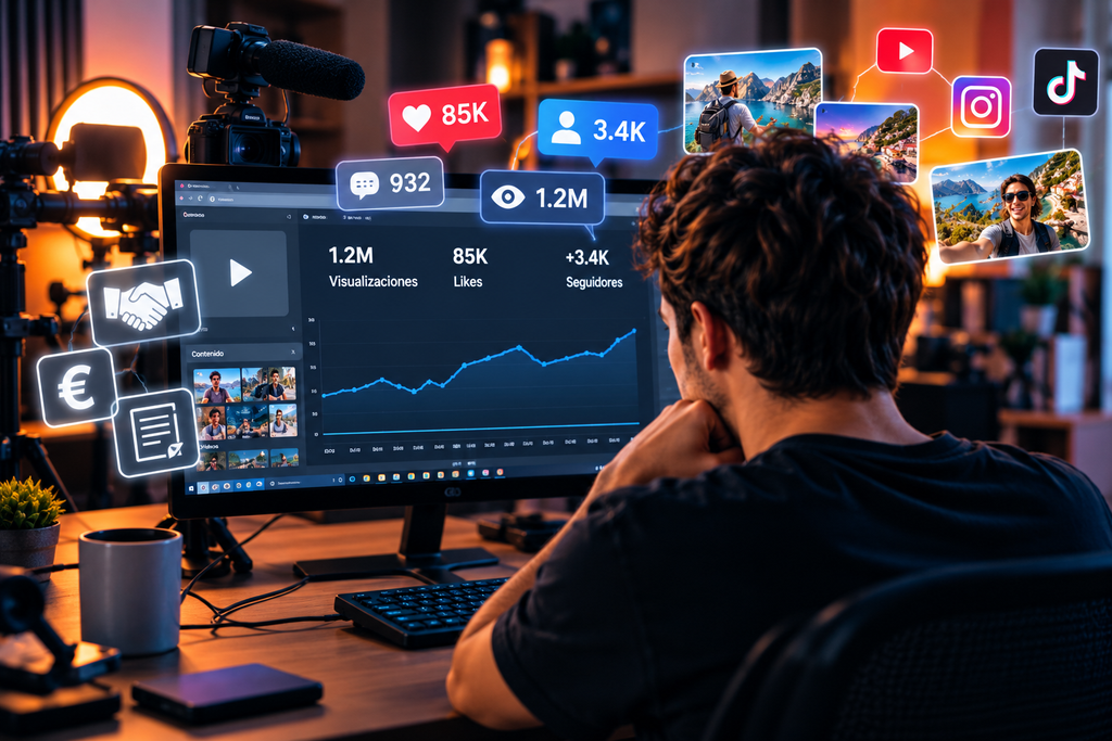 Creador de contenido analizando likes, seguidores y estadísticas en redes sociales